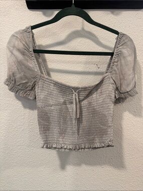 Aritzia Smocked Puff-Sleeve Crop Top in sage green